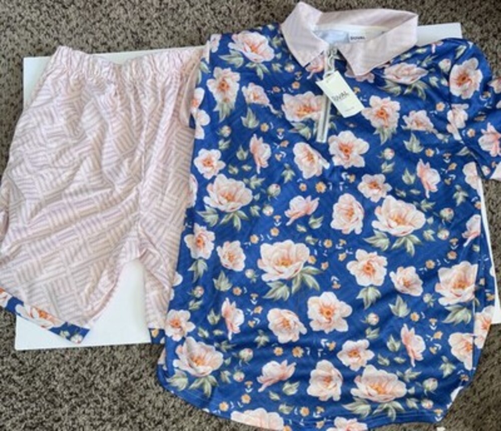 Duval Men's Blue Pink Floral Shirt and Shorts Set Elastic Waist Size Lg NEW